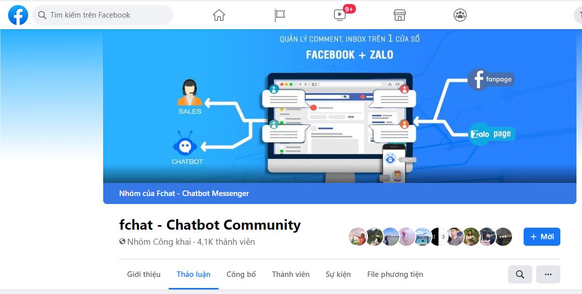 Ví dụ về nhóm của FCHAT.VN trên facebook. Nơi chia sẻ các kinh nghiệm về cách tạo chatbot và tối ưu tệp khách hàng tiềm năng