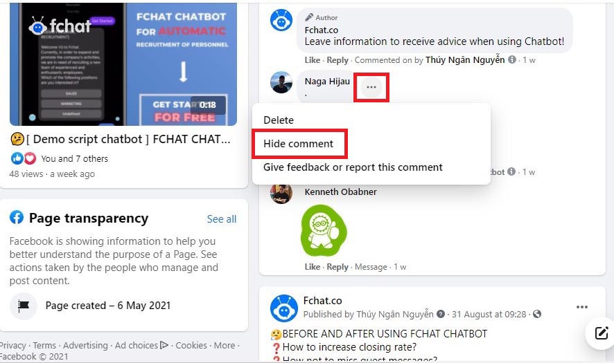 how to hide comments on facebook