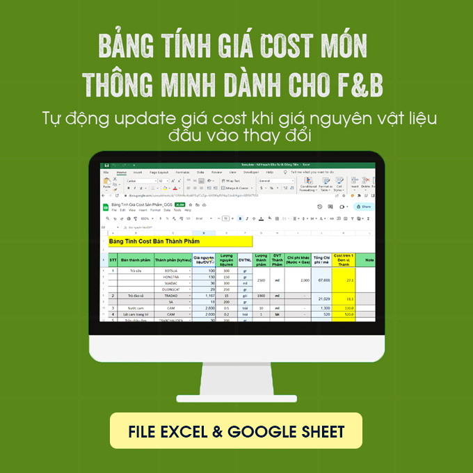 File excel tính giá cost món cho nhà hàng