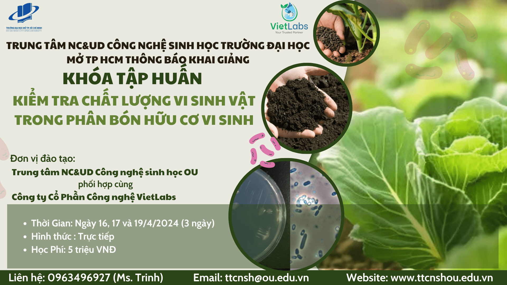 Trung tâm Nghiên cứu và Ứng dụng Công nghệ sinh học Trường Đại học Mở TP HCM thông báo Khai giảng khóa tập huấn 