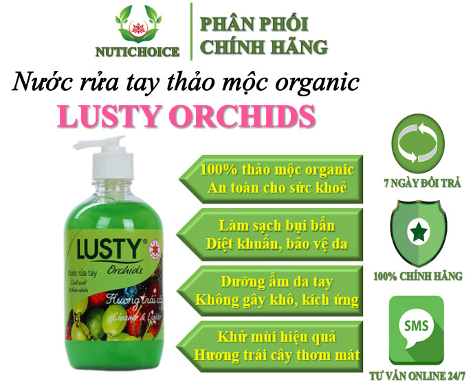 Nước rửa tay thảo mộc hương trái cây Lusty Orchids làm sạch diệt khuẩn khử mùi, dưỡng ẩm, không gây khô da - Chai 500ml