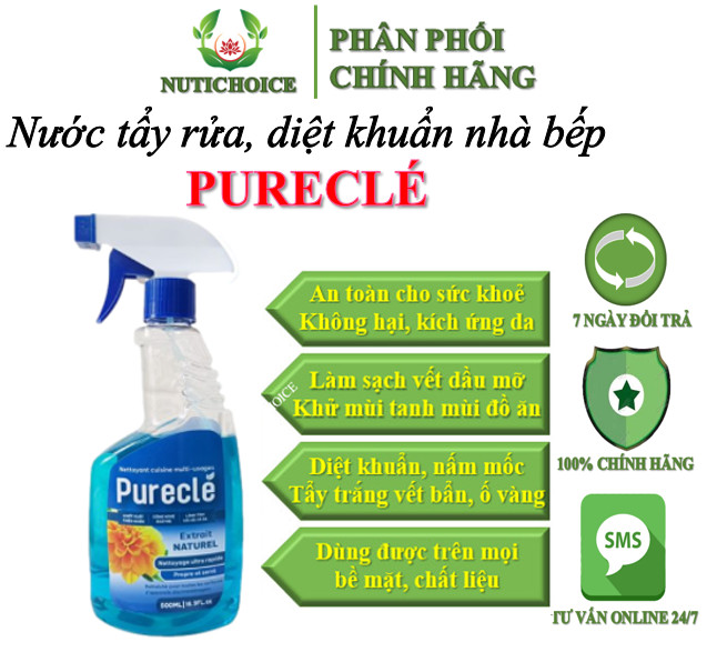 [500ml]Nước tẩy rửa nhà bếp thảo mộc hữu cơ organic Purecle làm sạch dầu mỡ,diệt khuẩn, khử mùi, an toàn cho da sức khoẻ