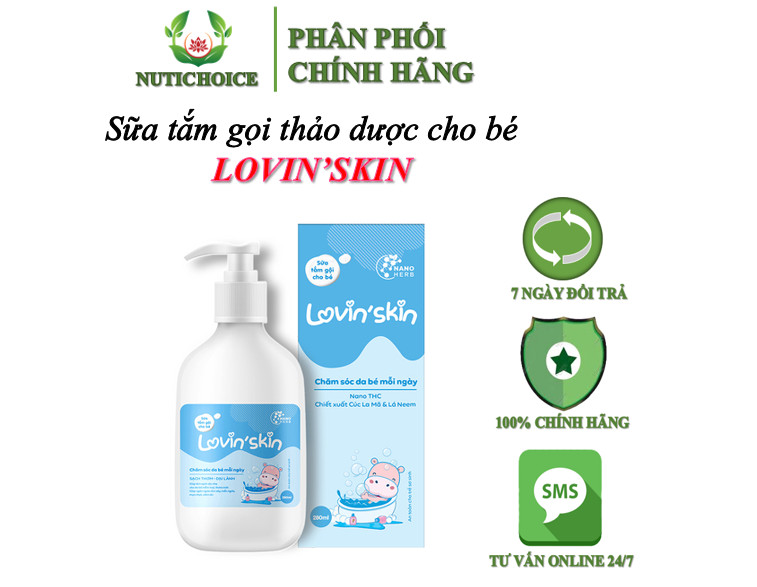 Sữa tắm gội thảo dược cho bé Lovin'skin làm sạch dịu nhẹ, dưỡng ẩm mềm mịn, kháng khuẩn, giảm và ngừa rôm sẩy hăm ngứa