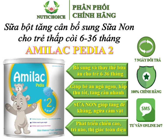 Sữa bột tăng cân cho trẻ từ 3 - 36 tháng Amilac Pedia 2 bổ sung sữa non tăng đề kháng, phát trển chiều cao, trí não