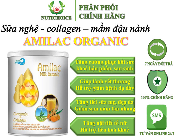 Sữa nghệ curcumin collagen mầm đậu nành Amilac Milk Organic phục hồi sức khoẻ, chống ung thư, lợi sữa, giảm sạm nám da