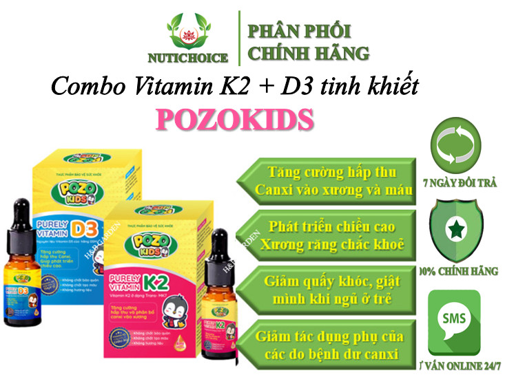 Combo siro nhỏ Vitamin K2 MK7 và D3 tinh khiết Pozokids tăng hấp thụ Canxi hỗ trợ tăng chiều cao, xương răng chắc khoẻ