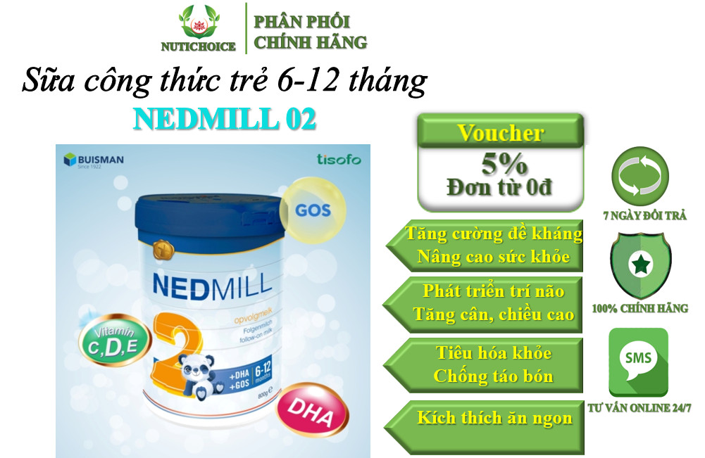 [800g] Sữa bột công thức dành cho trẻ 6 đến 12 tháng Nedmill 2 Hà Lan giúp tăng cân, tăng đề kháng, phát triển trí não