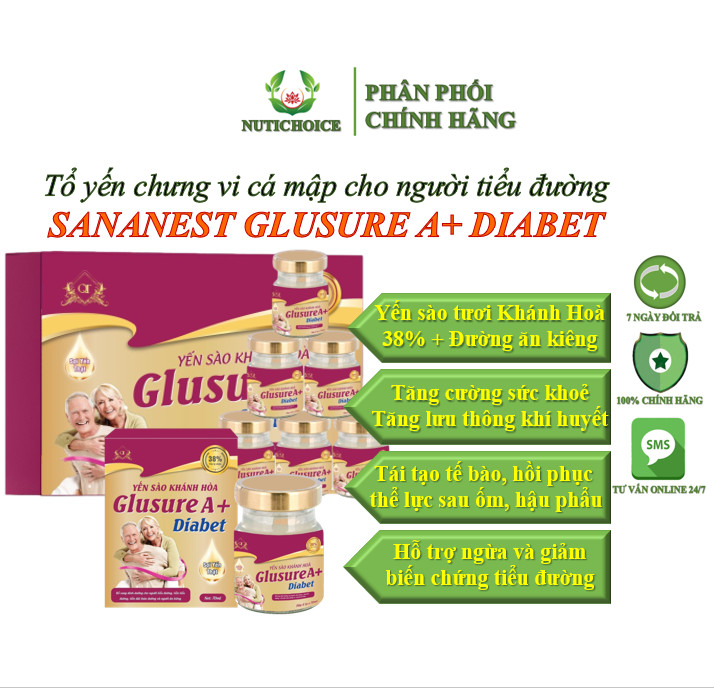 Tổ yến chưng vi cá mập đường ăn kiêng cao cấp cho người tiểu đường Sananest Glusure A+ Diabet yến sào Khánh Hoà 38% 70ml