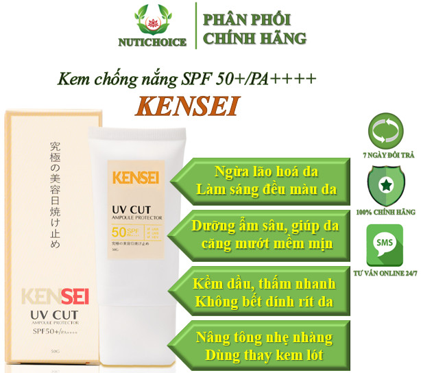 Kem chống nắng dưỡng ẩm kềm dầu nâng tông Kensei UV Cut SPF50+ PA++++ Nhật Bản không bết dính, dùng cho mọi loại da