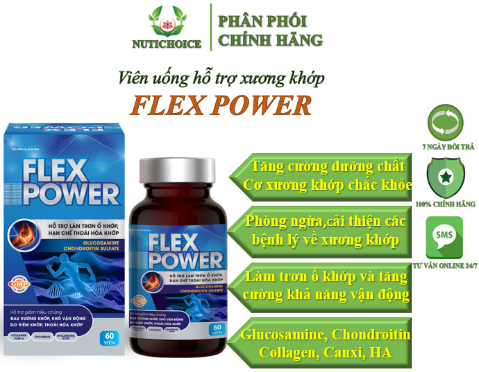 Viên uống thảo dược hỗ trợ xương khớp, giảm đau tái tạo sụn khớp Flex Power bổ sung Glucosamine,Collagen,Canxi - Hộp 60v