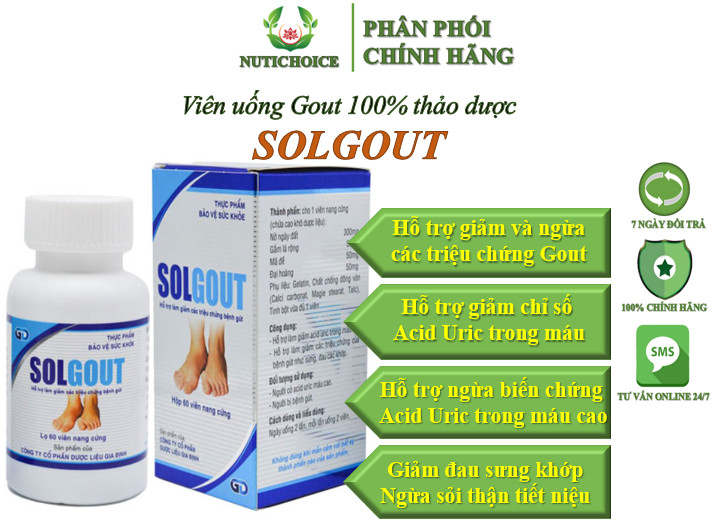 Viên uống thảo dược hỗ trợ Gout SOLGOUT giảm axit uric máu, giảm đau sưng khớp và ngừa biến chứng gout - Hộp 60 viên