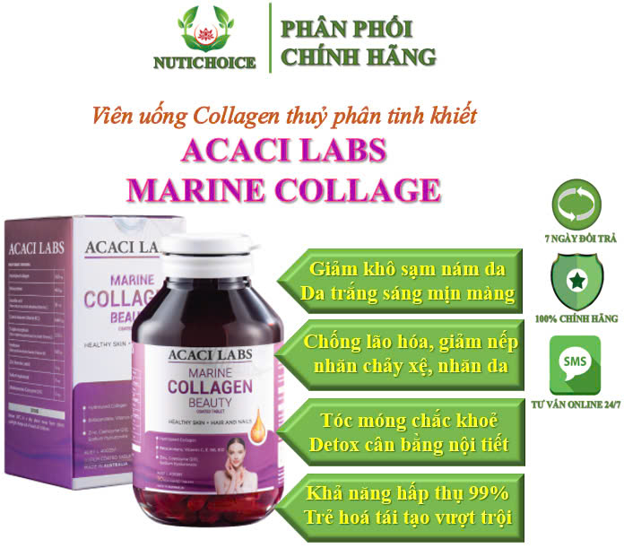 Viên uống collagen thuỷ phân tinh khiết Acaci Labs Marine Collagen Beauty Úc chống lão hoá, trẻ hoá giảm nhăn, sáng da