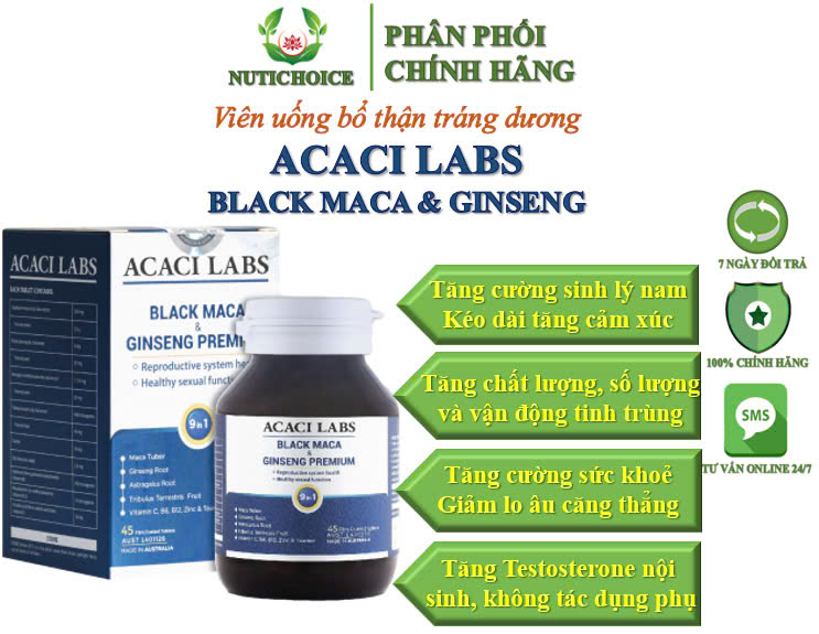  Viên uống bổ thận tráng dương tăng cường sinh lý nam Acaci Labs Black Maca & Ginseng Úc kéo dài thời gian tăng cảm xúc