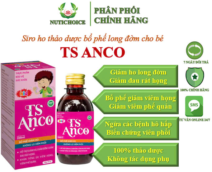  Siro cao ho thảo dược cho bé Trường sinh TS Anco giúp bổ phế long đờm, giảm ho, đau rát họng, khò khè, ngừa bệnh hô hấp