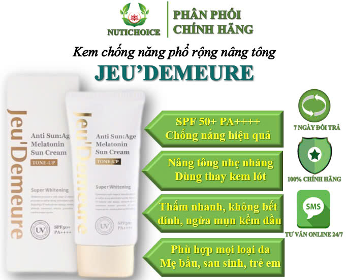 Kem chống nắng phổ rộng nâng tông Jeu'Demeure Melatonin SPF50+ PA++++ cho mọi loại da, mẹ bầu sau sinh trẻ nhỏ Chai 50ml