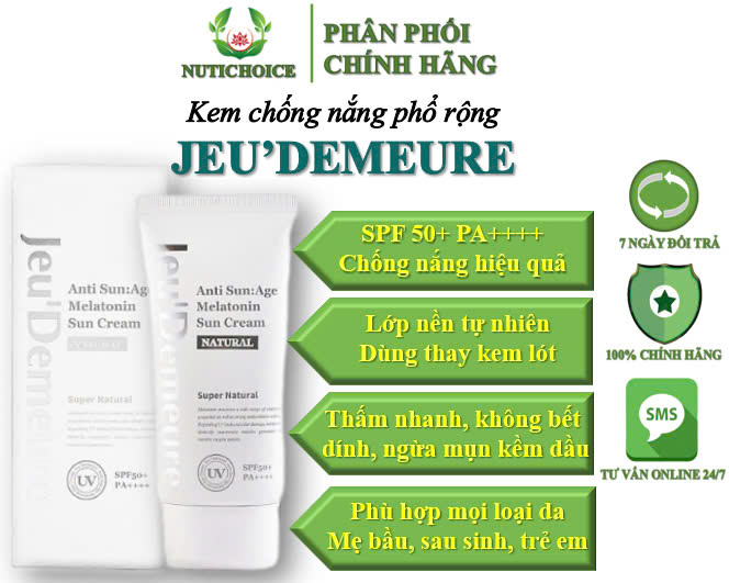 Kem chống nắng phổ rộng Jeu'Demeure Melatonin SPF50+ PA++++dùng  cho mọi loại da, mẹ bầu sau sinh trẻ nhỏ - Chai 50ml