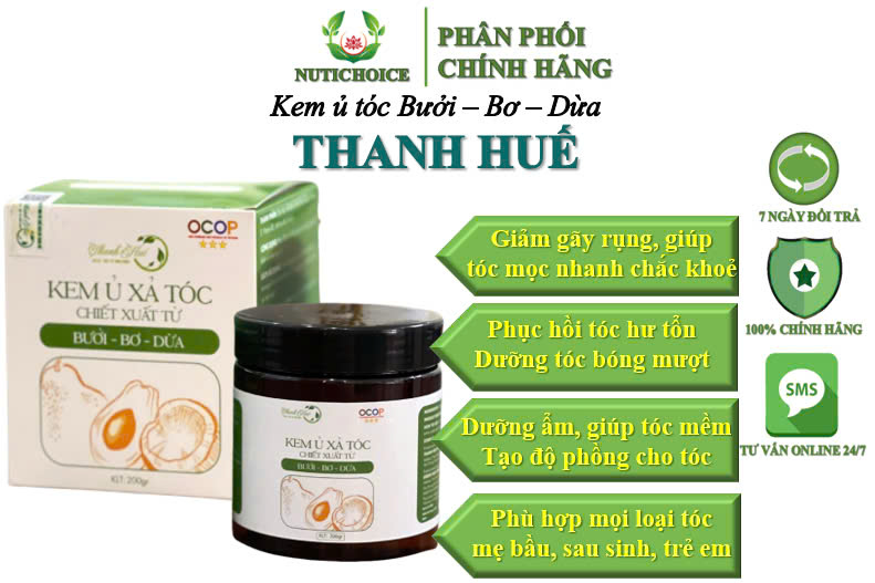 Kem ủ tóc Bưởi Bơ Dừa thuần chay hữu cơ Thanh Huế giúp hồi hư tổn, giảm gãy rụng, tóc mềm mượt bồng bềnh - Hộp 200gr