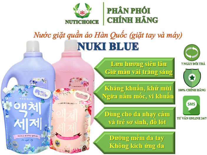 Nước giặt chính hãng Hàn Quốc Nuki Blue siêu lưu hương, làm mềm giữ màu vải, an toàn cho da nhạy cảm trẻ sơ sinh đồ lót