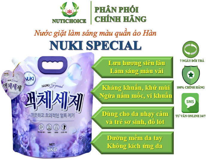 Nước giặt làm sáng màu vải Hàn Quốc Nuki Special siêu lưu hương, mềm vải, cho da nhạy cảm trẻ sơ sinh đồ lót - Túi 3kg