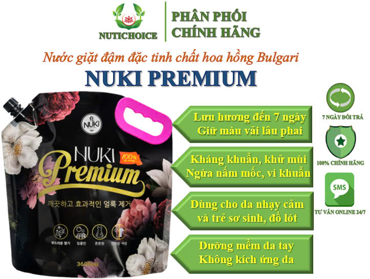 Nước giặt đậm đặc lưu hương 7 ngày Nuki Premium Hàn Quốc giúp mềm vải, cho da nhạy cảm trẻ sơ sinh đồ lót - Túi 36kg