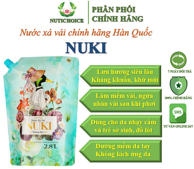  Nước xả vải chính hãng Hàn Quốc Nuki thơm lâu, mềm vải, chống nhăn phù cho da nhạy cảm, trẻ sơ sinh, đồ lót - Túi 28kg