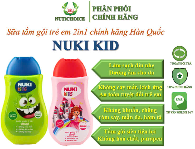 Sữa tắm gội thảo dược 2in1 dịu nhẹ cho bé Nuki Kid giúp giảm và ngừa các bệnh về da, kháng khuẩn, dưỡng ẩm - Chai 200ml