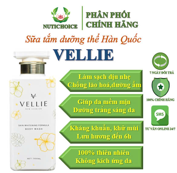 Sữa tắm dưỡng thể Vellie dưỡng ẩm sáng da, chống lão hoá, lưu hương đến 6h, 100% thiên nhiên không hoá chất - Chai 500ml