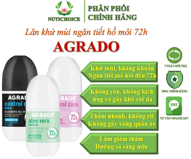 Lăn khử mùi ngăn tiết mồ hôi dưỡng trắng ngừa thâm Agrado không cồn không kích ứng da không vàng áo siêu khô thoáng 50ml