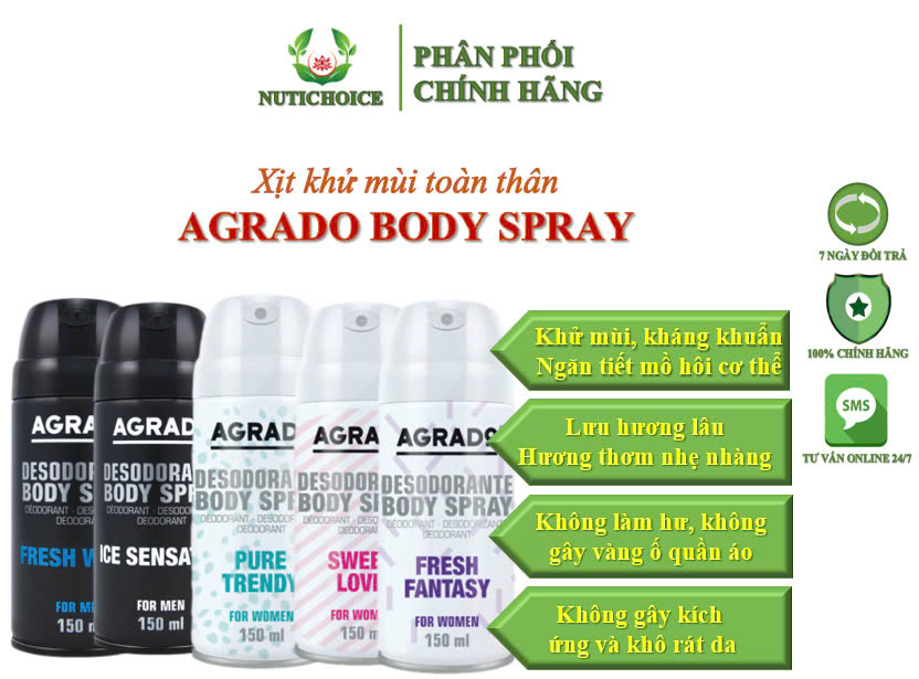 Xịt khử mùi toàn thân Agrado Body Spray lưu hương lâu,ngăn tiết mồ hôi,không kích ứng da,không gây vàng áo - Chai 150ml