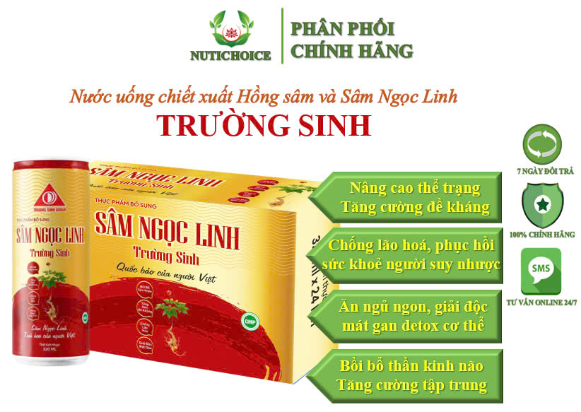 Nước uống Sâm Ngọc Linh Trường Sinh Đỏ giúp tăng cường sức khoẻ, giải độc mát gan, ăn ngủ ngon - Thùng 24 lon x 100ml