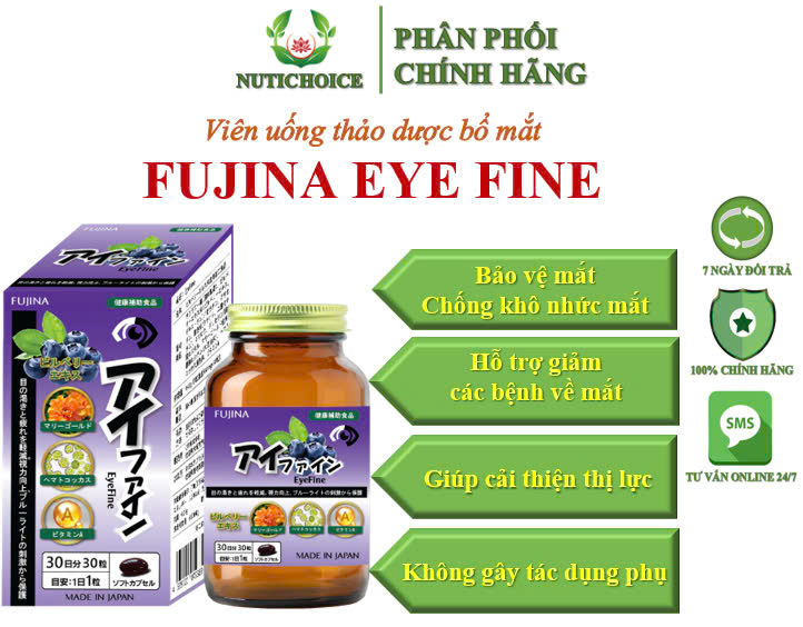 Viên uống thảo dược bổ mắt tăng thị lực Fujina Eye Fine Nhật Bản giúp sáng mắt, chống khô nhức mỏi mắt - Chai 30 viên