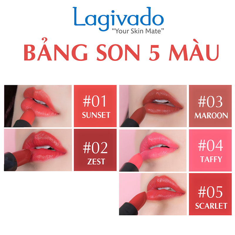 Son dưỡng môi có màu lên màu chuẩn, lâu trôi Lagivado Lip Satin dạng thỏi #05 SCARLET 35 g