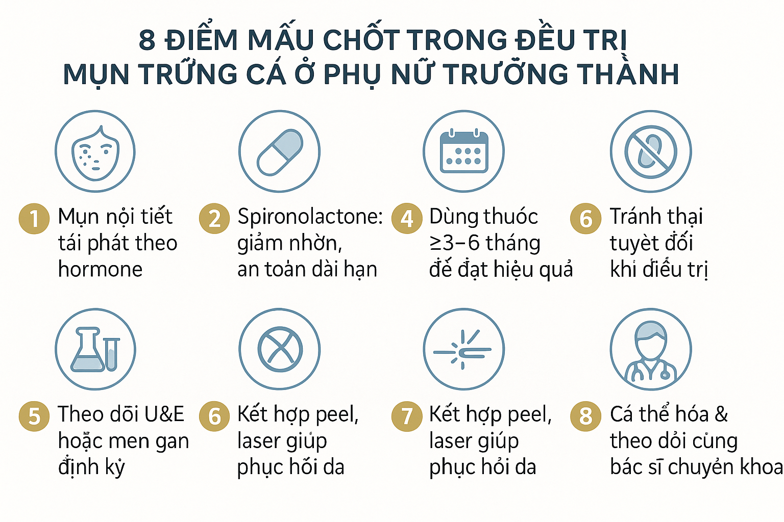 8-diem-mau-chot-dieu-tri-mun-trung-ca-phu-nu-truong-thanh.png Infographic tóm tắt các điểm chính trong điều trị mụn trứng cá phụ nữ trưởng thành bằng Spironolactone và Isotretinoin.