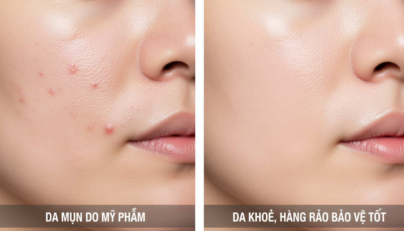 H&igrave;nh minh họa so s&aacute;nh mụn do mỹ phẩm (acne cosmetica) v&agrave; da khỏe khi d&ugrave;ng moisturizer kh&ocirc;ng g&acirc;y mụn.