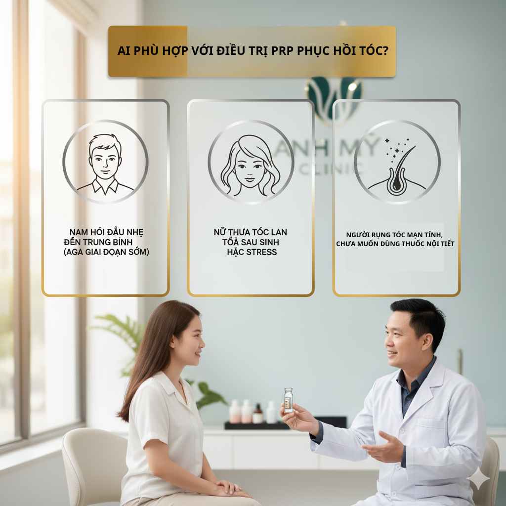 Infographic m&ocirc; tả nh&oacute;m người ph&ugrave; hợp điều trị rụng t&oacute;c bằng PRP tại Ph&ograve;ng Kh&aacute;m Da Liễu Anh Mỹ