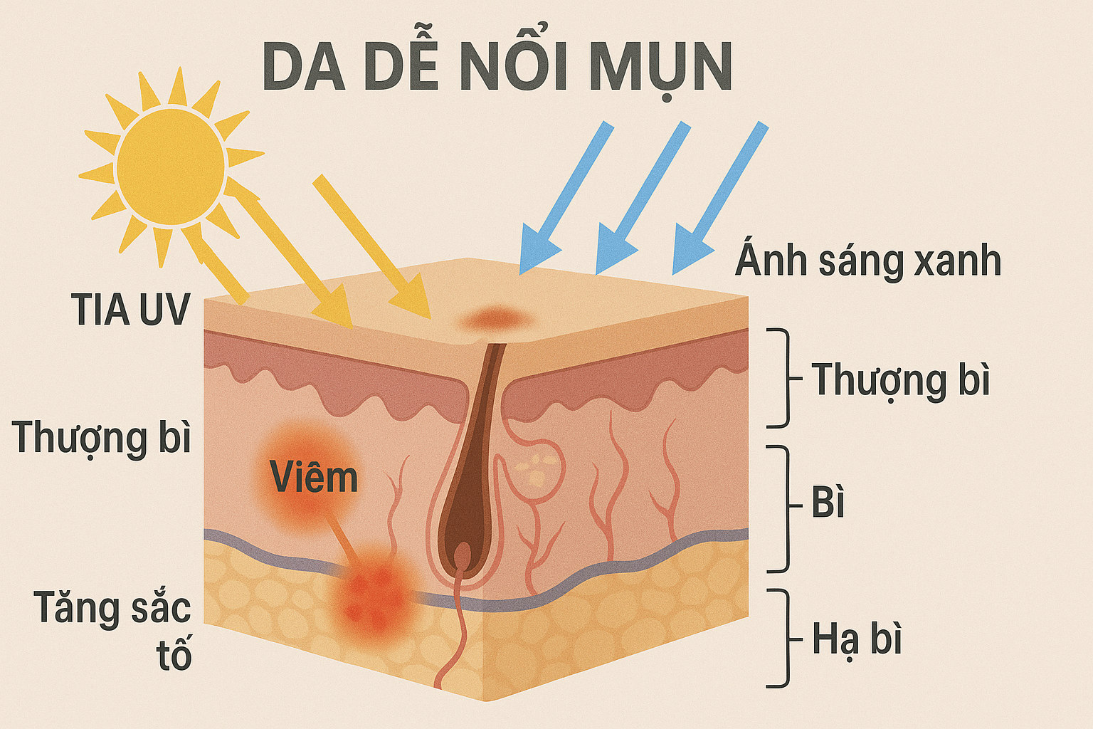 H&igrave;nh minh họa cho thấy tia UV v&agrave; &aacute;nh s&aacute;ng xanh g&acirc;y vi&ecirc;m, oxy h&oacute;a v&agrave; tăng sắc tố tr&ecirc;n da mụn.