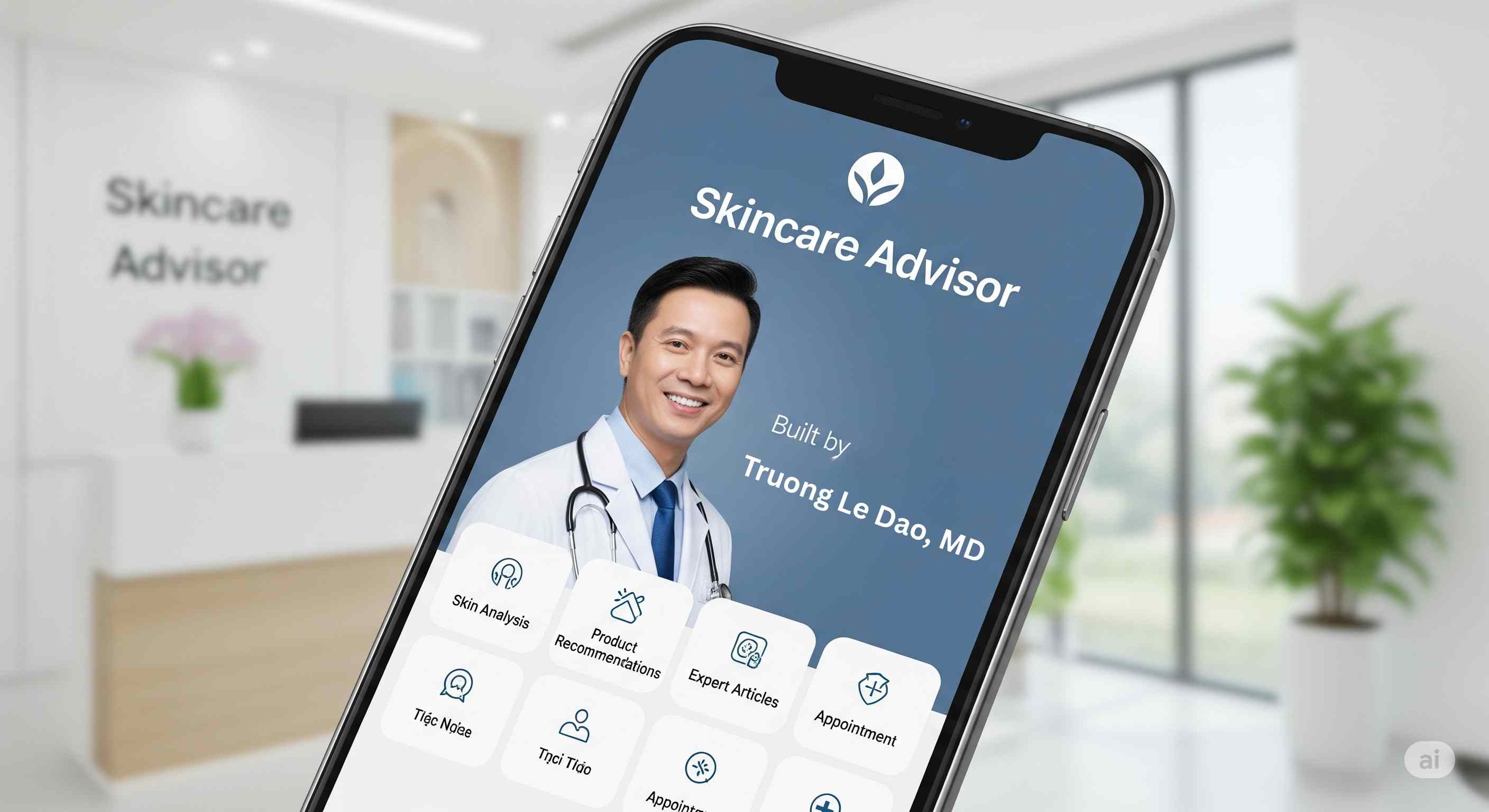 Giao diện app chăm s&oacute;c da khoa học được ph&aacute;t triển bởi Bs Trương L&ecirc; Đạo.