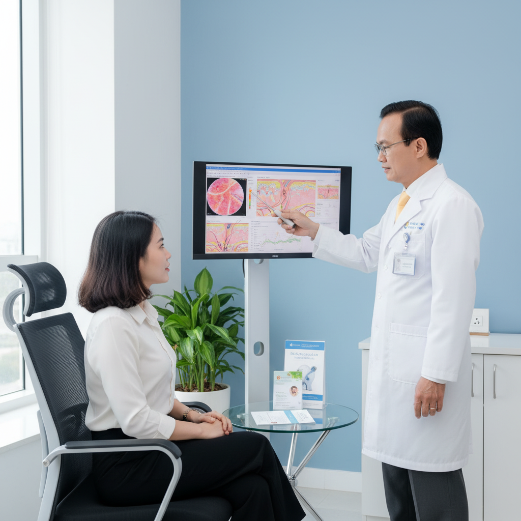 B&aacute;c sĩ Trương L&ecirc; Đạo trực tiếp thăm kh&aacute;m v&agrave; x&acirc;y dựng ph&aacute;c đồ điều trị RF c&aacute; nh&acirc;n h&oacute;a cho từng kh&aacute;ch h&agrave;ng tại Ph&ograve;ng Kh&aacute;m Anh Mỹ.