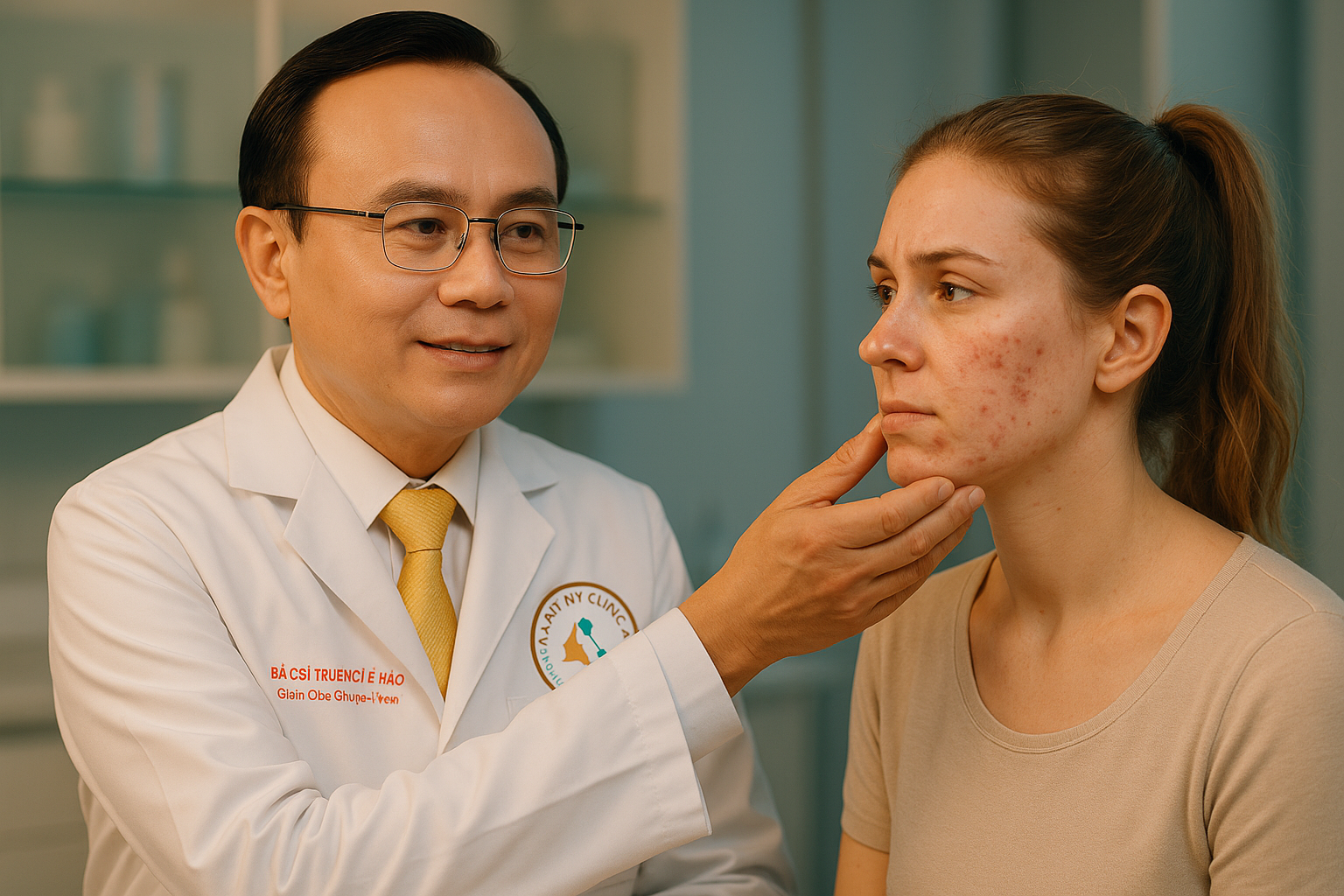 B&aacute;c sĩ Trương L&ecirc; Đạo tư vấn điều trị mụn nội tiết cho phụ nữ trưởng th&agrave;nh tại Ph&ograve;ng Kh&aacute;m Da Liễu Anh Mỹ.