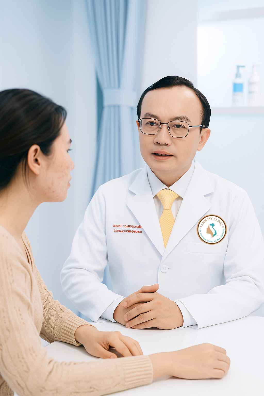 H&igrave;nh b&aacute;c sĩ Trương L&ecirc; Đạo đang tư vấn kế hoạch điều trị mụn nội tiết cho bệnh nh&acirc;n nữ trưởng th&agrave;nh.