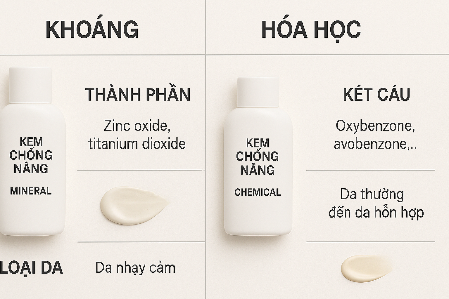 H&igrave;nh minh họa so s&aacute;nh kem chống nắng kho&aacute;ng v&agrave; ho&aacute; học, cho thấy th&agrave;nh phần, ưu nhược điểm v&agrave; loại da ph&ugrave; hợp.