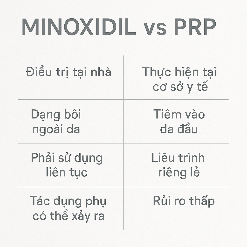 Bảng so s&aacute;nh nhanh hiệu quả, chi ph&iacute;, v&agrave; an to&agrave;n giữa Minoxidil v&agrave; PRP trong điều trị rụng t&oacute;c tại Anh Mỹ Clinic