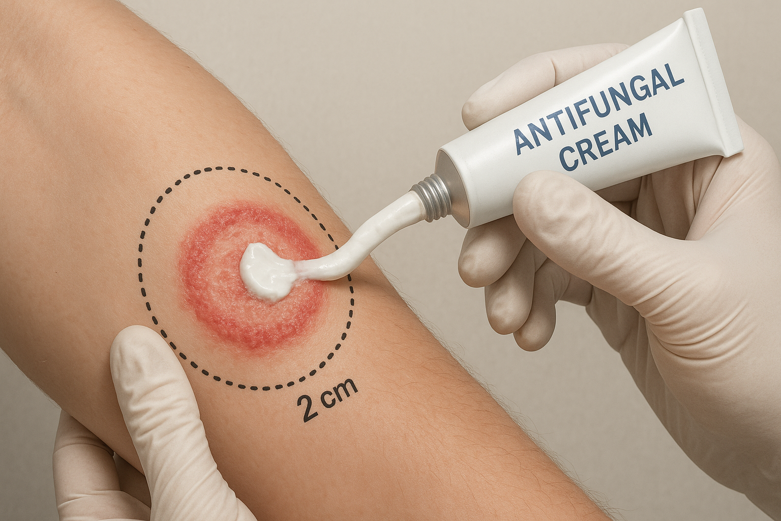 Minh họa c&aacute;ch b&ocirc;i thuốc kh&aacute;ng nấm đ&uacute;ng kỹ thuật: b&ocirc;i vượt r&igrave;a tổn thương 2 cm, 2 lần/ng&agrave;y.