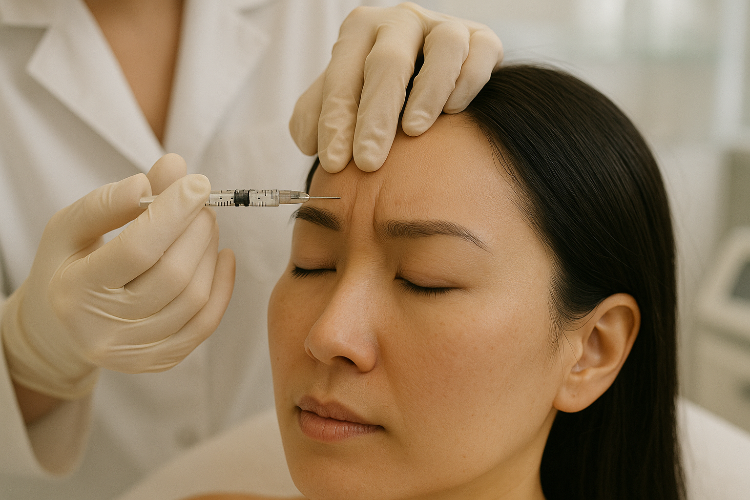 Kh&aacute;ch h&agrave;ng được ti&ecirc;m Botox để x&oacute;a nhăn v&ugrave;ng tr&aacute;n tại Ph&ograve;ng Kh&aacute;m Da Liễu Anh Mỹ