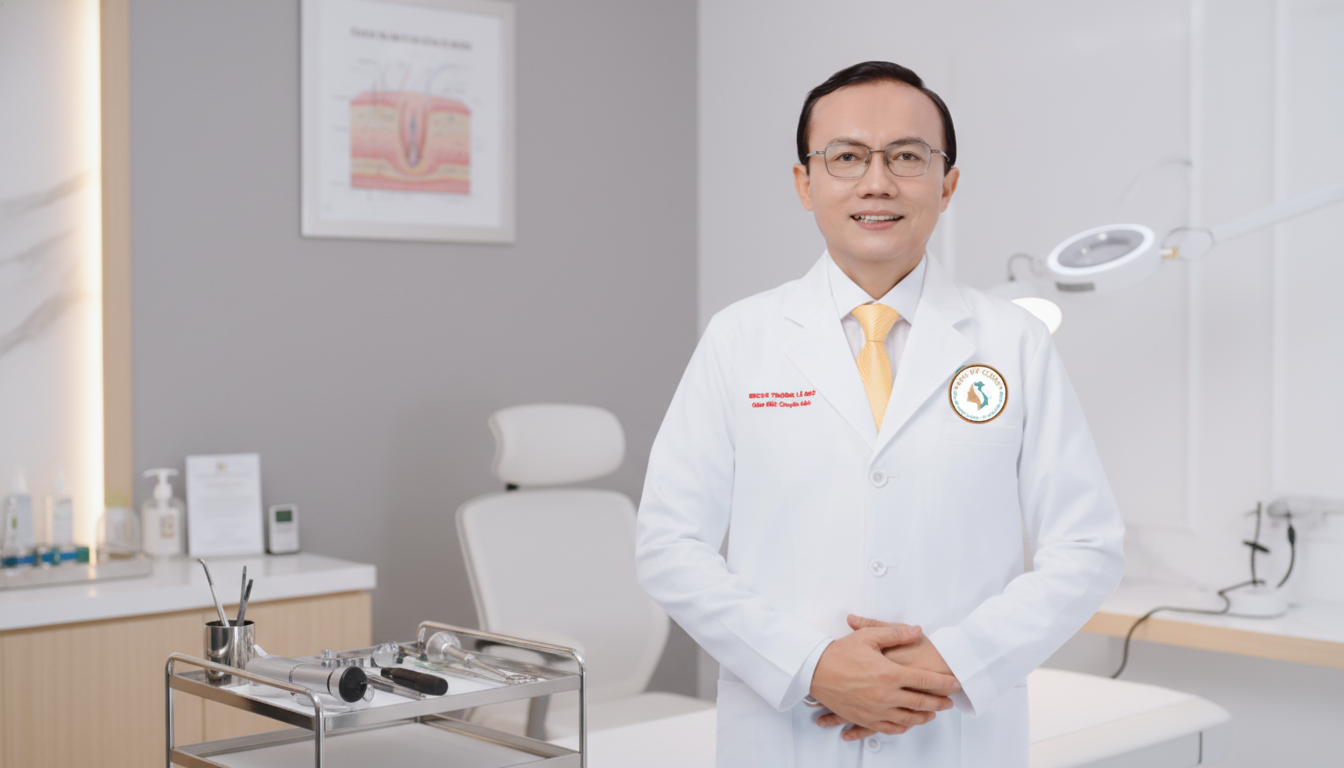 Ch&acirc;n dung b&aacute;c sĩ Trương L&ecirc; Đạo tại Ph&ograve;ng Kh&aacute;m Da Liễu Anh Mỹ, chuy&ecirc;n điều trị mụn trứng c&aacute; tuổi dậy th&igrave; nữ.