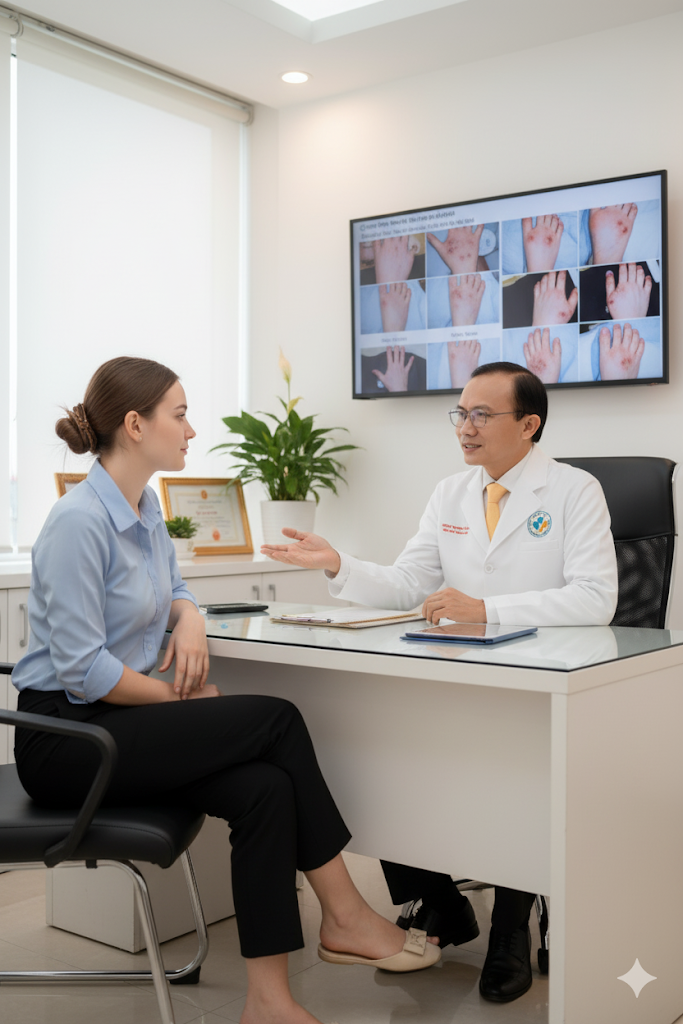 B&aacute;c sĩ Trương L&ecirc; Đạo tư vấn điều trị mụn c&oacute;c v&agrave; chia sẻ kinh nghiệm l&acirc;m s&agrave;ng tại Ph&ograve;ng Kh&aacute;m Da Liễu Anh Mỹ