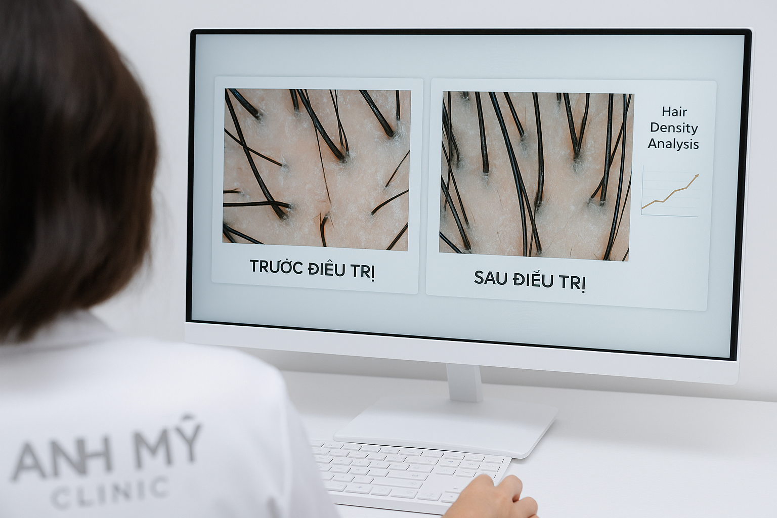 buoc-3-theo-doi-hieu-qua-anh-my-clinic.png Bác sĩ Trương Lê Đạo đo mật độ tóc và so sánh ảnh kỹ thuật số để đánh giá hiệu quả điều trị rụng tóc tại Phòng Khám Da Liễu Anh Mỹ