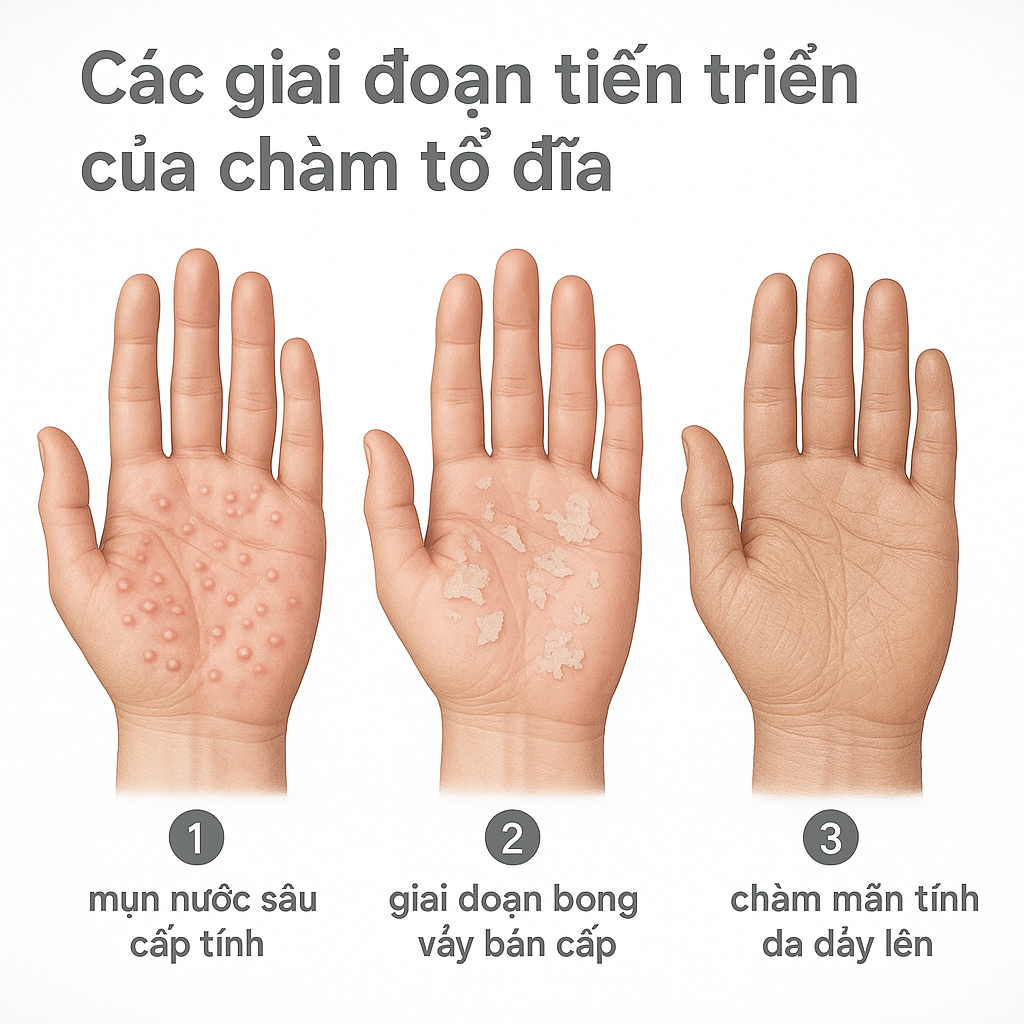 Sơ đồ minh họa ba giai đoạn tiến triển của ch&agrave;m tổ đĩa tr&ecirc;n l&ograve;ng b&agrave;n tay v&agrave; b&agrave;n ch&acirc;n.