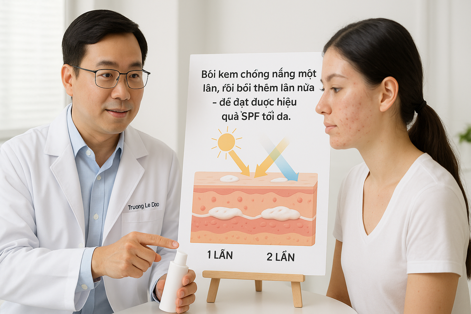 cach-su-dung-dung-de-dat-spf-ghi-nhan-bs-truong-le-dao-anhmyclinic.png Bác sĩ da liễu Việt Nam hướng dẫn bệnh nhân mụn cách bôi kem chống nắng đúng lượng theo quy tắc Bôi kem chống nắng một lần, rồi bôi thêm lần nữa – để đạt được hiệu quả SPF tối đa.