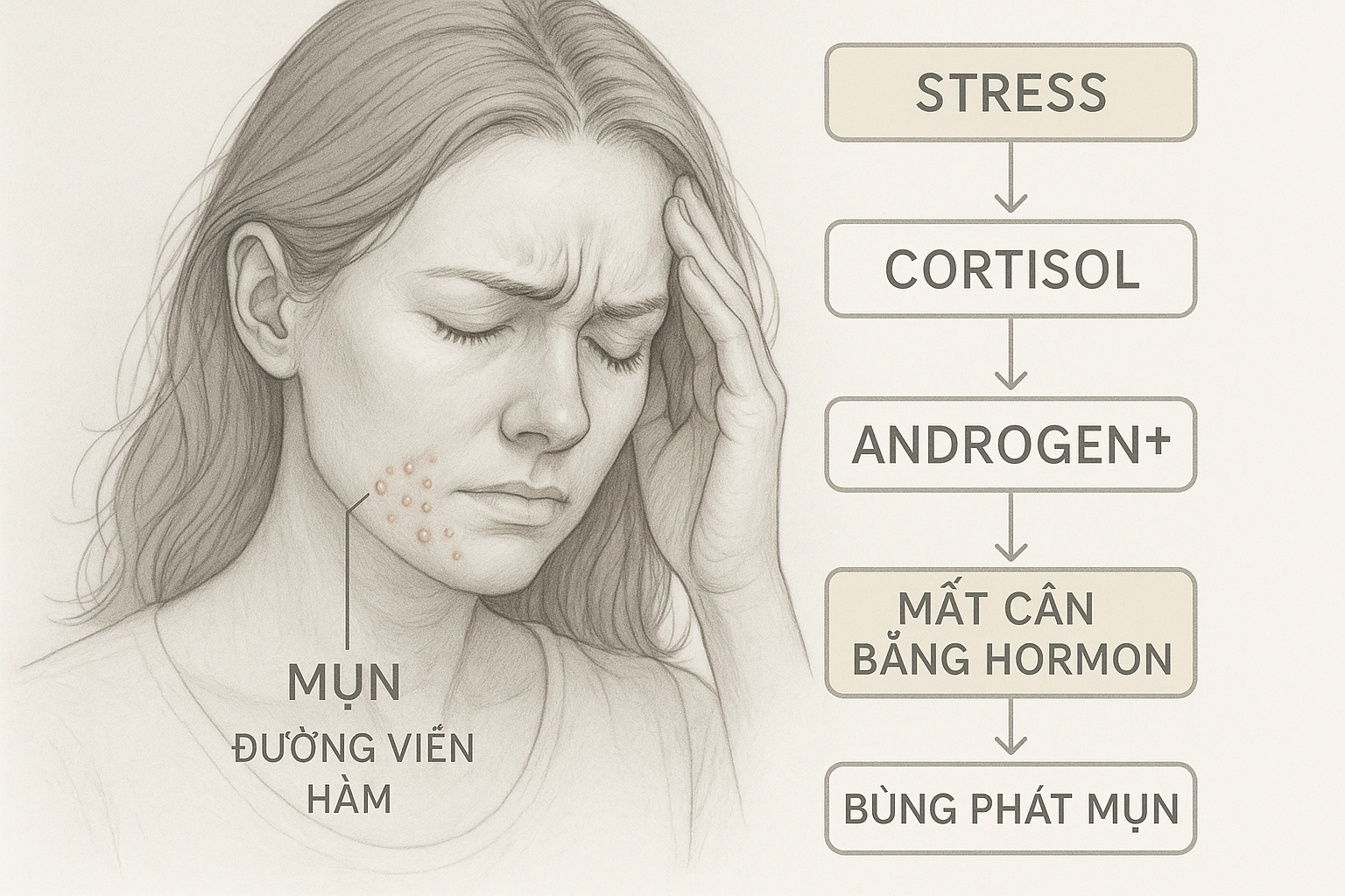 H&igrave;nh minh họa mối li&ecirc;n hệ giữa stress, hormone androgen v&agrave; mụn t&aacute;i ph&aacute;t v&ugrave;ng cằm ở phụ nữ trưởng th&agrave;nh.